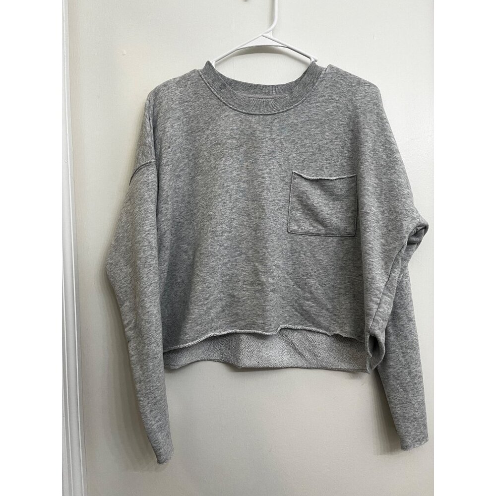 Aerie Happy Snit Grey Pocket crewneck cutoff sweater sz Lg